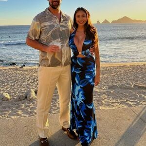 Runaway The Label Blue and Black Shell-Accent Halter Dress